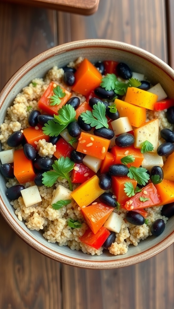 A vibrant vegan bowl with quinoa, sautéed vegetables, and black beans, garnished with herbs.